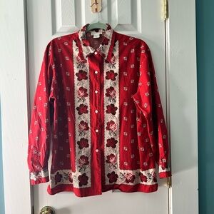 Banana Republic Vintage Red Floral Border Print Button Down Blouse Medium